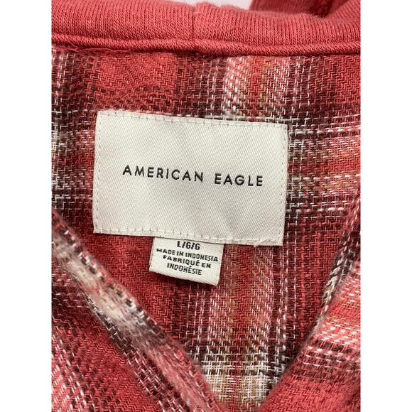 AMERICAN EAGLE Men's Red Plaid Button-Up Hooded Long Sleeve Sweater Shirt SZ L - Picture 7 of 11